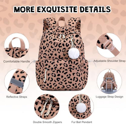 3PCS Corduroy Girls Backpack w/ Lunch Box & Pencil Bag (Brown Leopard) - color: Brown Leopard