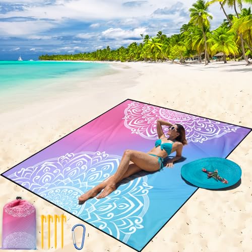 WIWIGO Beach Blanket Mat Waterproof Sandproof for 2-8 Adults Quick Drying - color: Bluepink, size: 120" X 108"（1-8person）