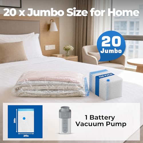 ETENWOLF 20 Jumbo Vacuum Storage Bags for Travel with Wireless Pump - size: 20 Jumbo Size-E