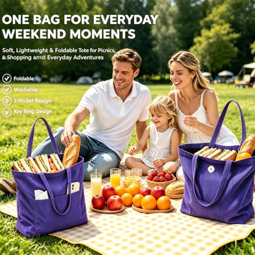 CYD Summer Beach Bag for Women, Lightweight Soft Tote with Shoulder Strap, Foldable Packable Pool Carryall with Dual Pockets - color: Midnight Black + Lavender Purple