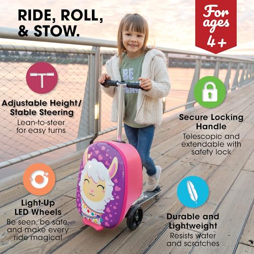 KIDDIETOTES Girls Ride-On Scooter Suitcase, Foldable TSA Carry-On Luggage | Ages 5+, 110 lb riders, 22L packing space, 1-year warranty. 3-D hardshell, telescoping handle, light-up wheels. - style: Alpine Llama