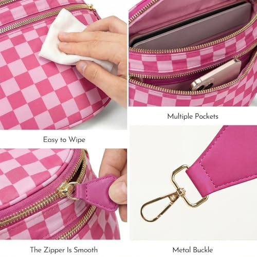 Checkerboard Crossbody Bag for Women, Expandable Plaid Belt Bag Nylon Fanny Pack with Multiple Pockets - color: Hot Pink Checkered