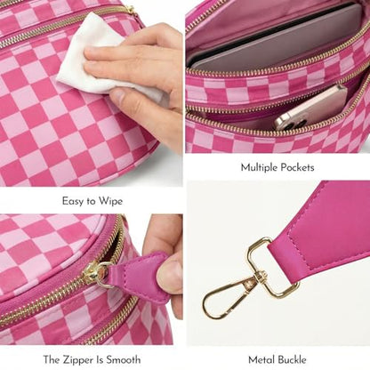 Checkerboard Crossbody Bag for Women, Expandable Plaid Belt Bag Nylon Fanny Pack with Multiple Pockets - color: Hot Pink Checkered