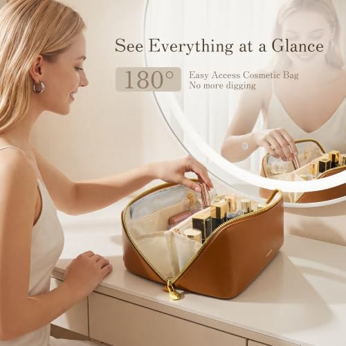 SHOWKOO Cosmetic Bag for Women, WideOpen Travel Makeup Bag with Compartment - color: Brown