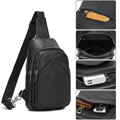Genuine Leather Sling Bag Multi-pocket Chest Bag for Men Hiking Travel Daypack - color: 9333 Black