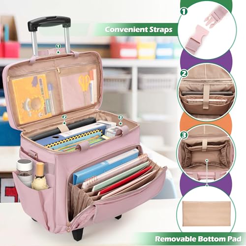 LUXJA Rolling Teacher Bag with Wheels and 15.6" Laptop Compartment, Pink - color: Pink