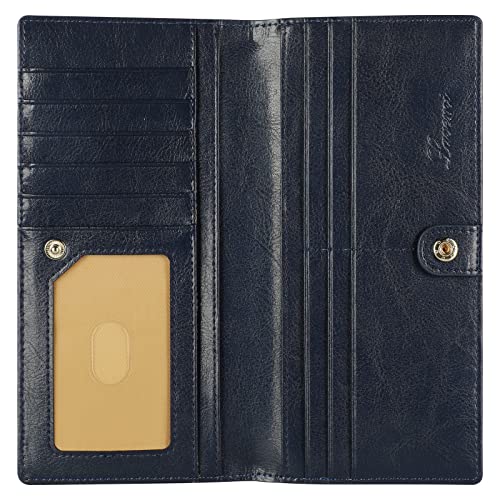 Lavemi Ultra Slim Thin Leather Women Wallet RFID Blocking Credit Card Holder Bifold Long Ladies Billfold - color: 1-waxed Blue