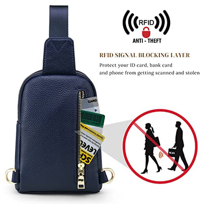 S-ZONE Genuine Leather RFID Blocking Small Sling Bag Women Crossbody Fanny Packs - color: Blue, size: Small