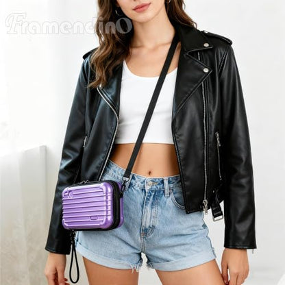 Framendino, Purple Hard Shell Cosmetics Case Carrying Bag for Toiletry Mini Cross Body with Detachable Grip Rope and Shoulder Strap Women - color: Purple