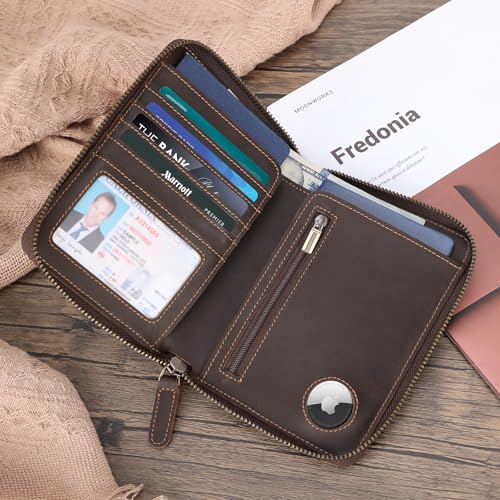 Polare 풀 그레인 가죽 여행용 여권 지갑, YKK 지퍼 및 RFID 차단 문서 정리함 홀더 여권 2개, 에어태그 슬롯이 있는 다크 브라운, 빈티지 - color: 에어태그 슬롯이 있는 다크 브라운