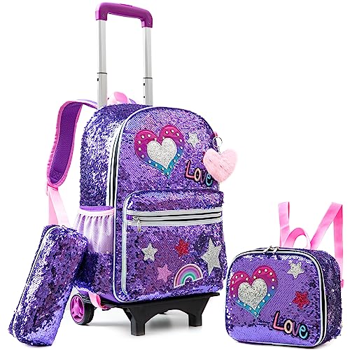 Meetbelify Girls Rolling Backpack Sequin Rolling Backpacks with Wheels for Girls for Elementary School Bag - color: A Purple Love