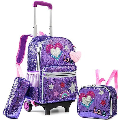 Meetbelify Girls Rolling Backpack Sequin Rolling Backpacks with Wheels for Girls for Elementary School Bag - color: A Purple Love