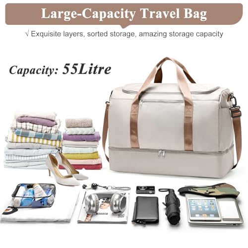 Extra Large Travel Duffel Bag, Carry-On Weekender Bags for Women Travel - color: Beige & Brown, size: Extra Large
