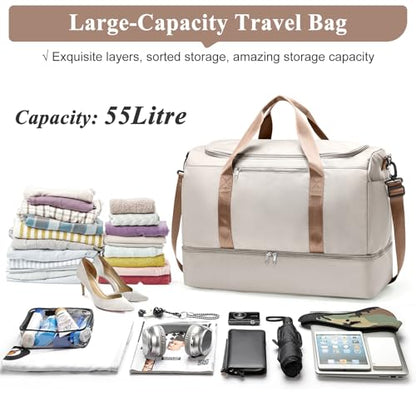 Extra Large Travel Duffel Bag, Carry-On Weekender Bags for Women Travel - color: Beige & Brown, size: Extra Large