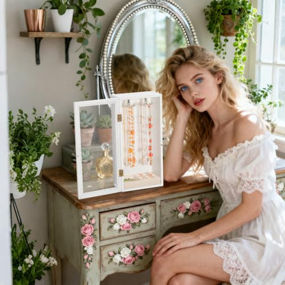 Necklace Holder Organizer with Rotating Hooks, Wooden Jewelry Box - color: White