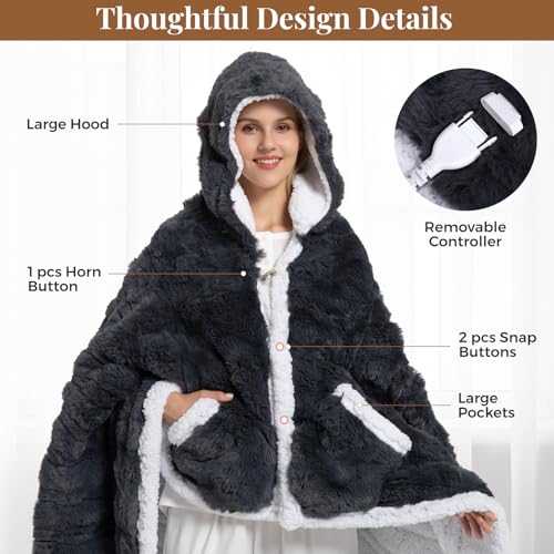 Wearable Heated Blanket Hoodie, Luxury Faux Fur & Sherpa Electric Throw Blanket, Heated Shawl Wraps Poncho with Pockets for Women Men, 3 Heat Levels & 12H Timer, ETL & FCC Certified, 40"x70",Dark Grey - color: Dark Grey, size: 40"x70"