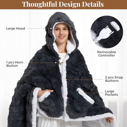Wearable Heated Blanket Hoodie, Luxury Faux Fur & Sherpa Electric Throw Blanket, Heated Shawl Wraps Poncho with Pockets for Women Men, 3 Heat Levels & 12H Timer, ETL & FCC Certified, 40"x70",Dark Grey - color: Dark Grey, size: 40"x70"