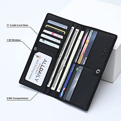Alldaily Ultra Slim Thin Women Wallet RFID Blocking Credit Card Holder Bifold Long Ladies Billfold (Black) - color: Black