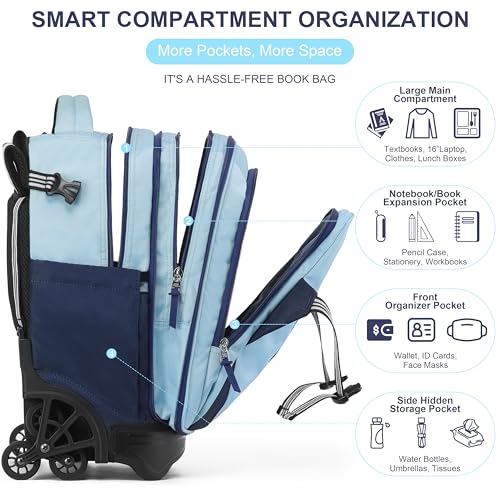 NEW TILAMI 18 Inch Expandable Rolling Backpack Stair-Climbing for School - color: Sky Blue