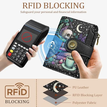 Icycay Goth Gothic Small Wallet Women RFID Blocking Credit Card Holder - color: Goth Skull