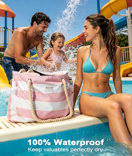 Oceanae Beach Bags Waterproof Sandproof, XL Large Pool Tote Bag with Zipper for Women - color: Red Orange（rope）