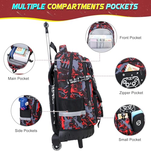 Scothen Cool Luminous Rolling Backpack for Boys with Lunch Bag Pencil Pouch - color: Red