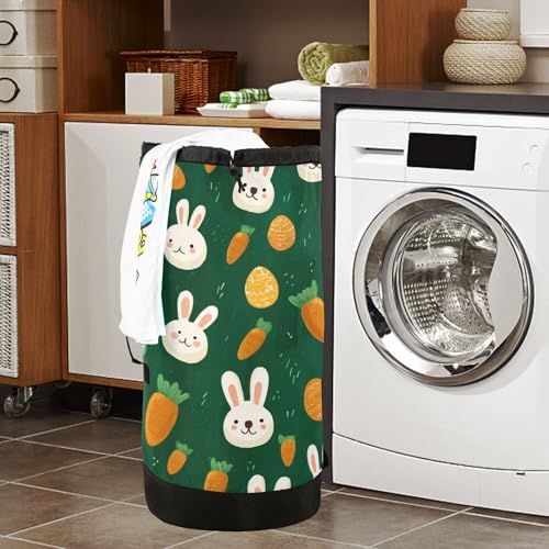 Dark Green Easter Bunny Eggs Carrots Laundry Backpack Bag with Adjustable Shoulder Straps Handle Dirty Laundry Hamper Bag for Traveling Camp College Dorm Heavy Duty Waterproof Large Capacity - color: Dark Green Easter Bunny Eggs Carrots