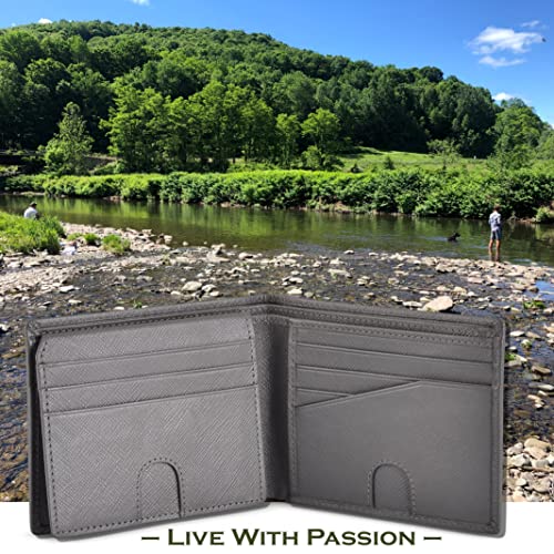 BULLGUARD Mens RFID Blocking Wallet Bifold with Flip Up ID in Saffiano Grey Genuine Leather - color: Wild Mountain Grey