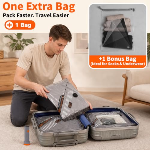 15 Pack Vacuum Bags for Travel with Rechargeable Wireless Air Pump, Space Saver Bags for Clothes, Compression Seal Packing Bags for Luggage Suitcase, Carry-on Size with Small Storage Pouch - size: 15 Combc