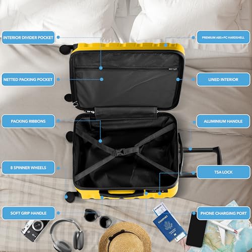 Flight Knight 24x16x10 Expandable Carry On Suitcase Hardside TSA Lock USB C Lightweight Luggage Silent Double Spinner Wheels Maximum Overhead Carry-On Bag For Virgin South West Approved Yellow - color: Yellow, size: 24x16x10"