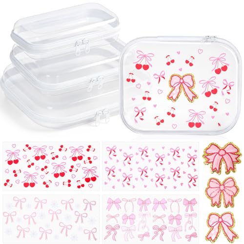 3 Pcs Clear Hard Shell Zipper Case Cute DIY Makeup Bag for Girls with Pink Bow Stickers Clear Zipper Pouches for Cosmetic Toiletry Travel Organizer Craft Decorations