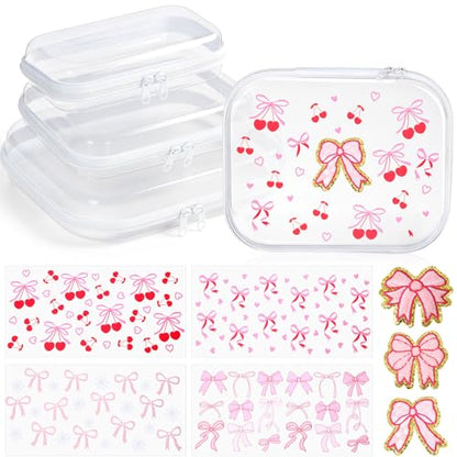 3 Pcs Clear Hard Shell Zipper Case Cute DIY Makeup Bag for Girls with Pink Bow Stickers Clear Zipper Pouches for Cosmetic Toiletry Travel Organizer Craft Decorations