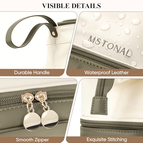 Travel Makeup Bag, Double Layer Cosmetic Bag for Women, Beige Olive - color: Beige & Olive Green, size: Large