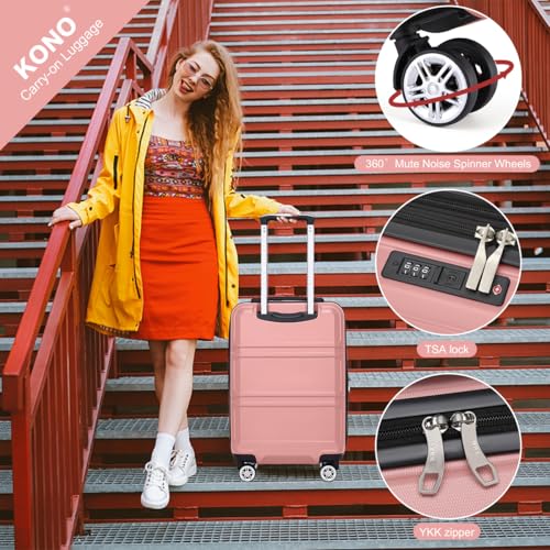 Kono Luggage Set 4 Piece Carry On Hardside Luggage with Spinner Wheels - color: Nude/Rose Pink, size: 12+20-inch/Db/Tb