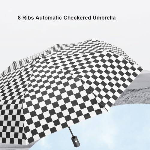 Checkered Automatic Compact Umbrella Windproof Waterproof Umbrellas for Rain and Sun, UV Protection Folding Travel Umbrella - color: black