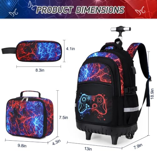 DIGOBAY Rolling Backpack for Boys, 3PCS Luminous Gamer Roller Backpack Set - color: Redblue