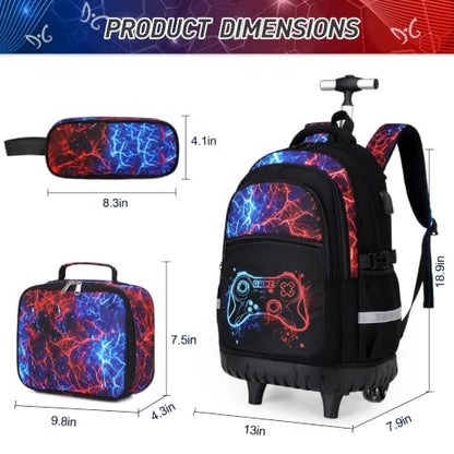 DIGOBAY Rolling Backpack for Boys, 3PCS Luminous Gamer Roller Backpack Set - color: Redblue