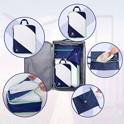 AiQInu Packing Cubes Compression, Pack of 5 Packing Bags, Compression Suitcase Organiser Set with Laundry Bag and Shoe Bag, Ultralight, Expandable, Travel Pack Organiser for Hand Luggage (Dark Blue) - color: Darkblue