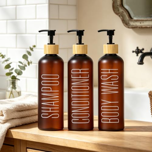 16oz Brown Shampoo and Conditioner Dispenser- Empty Refillable Pump Bottles - color: Brown&bamboo Pump