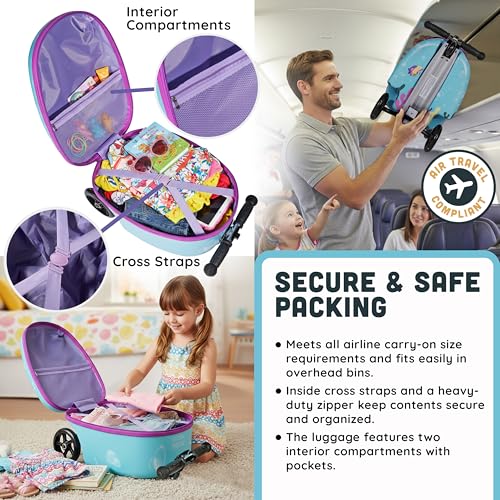 Kids Ride-On Scooter Suitcase, Carry-On Luggage, Ages 4+ - style: Mermaid