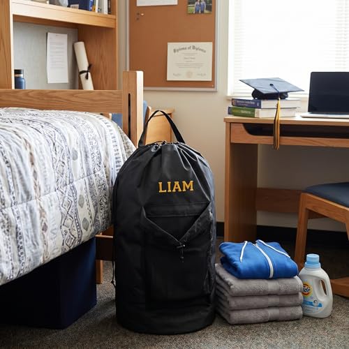 Personalized Laundry Bag Heavy Duty Custom Graduation University XL Bag Backpack with Hanging Shoulder Strap & Mesh Pocket - Back to School College Graduation Gift - Choose Your Font & Thread Color - color: Black