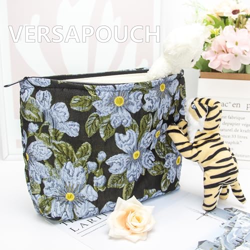 Flat Makeup Bag for Women,Zipper Cosmetic Pouch Purse,Brocade Flower Black - color: Brocade Flower Black