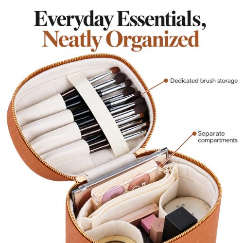 Makeup Bag with Removable Organizer Insert, PU Leather Travel Cosmetic Case with Brush Storage and Carry HandleLight Khaki - color: Light Khaki