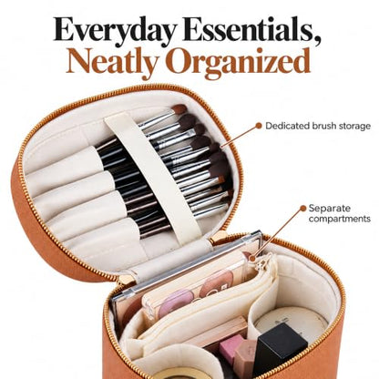 Makeup Bag with Removable Organizer Insert, PU Leather Travel Cosmetic Case with Brush Storage and Carry Handle (Light Brown) - color: Light Brown