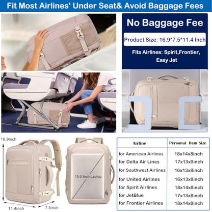 EZUOLA Travel Backpack for Women, Carry On Backpack Flight Approved - color: Light-beige, size: Large-25L