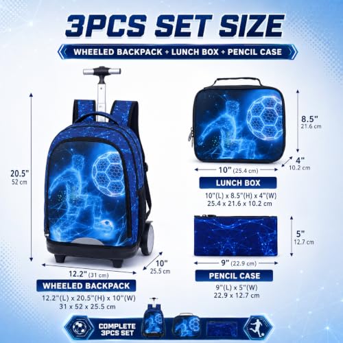 HPJGD Big-Wheel Rolling Backpack for Boys with Lunch Box & Pencil Case - 3-Pack Travel Set Featuring Tech-Style Soccer Player Design, Water-Resistant & Reflective Wheeled Bookbag for School/Trips - color: Cool Rolling Backpack Tech-style Soccer Player