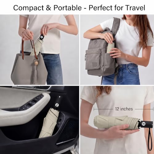 BAODINI Compact Travel Umbrella Small Windproof Auto Open Close for UV Sun Protection UPF 50+ and Rain Fits Backpack Purse & Suitcase - color: Beige