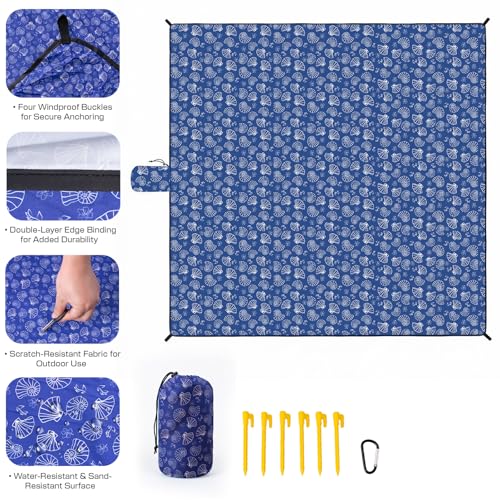 OIGAE Beach Blanket Waterproof Sandproof Oversized Beach Mat - color: Blue Sea Shells, size: 7x8 Ft (2～5 person)