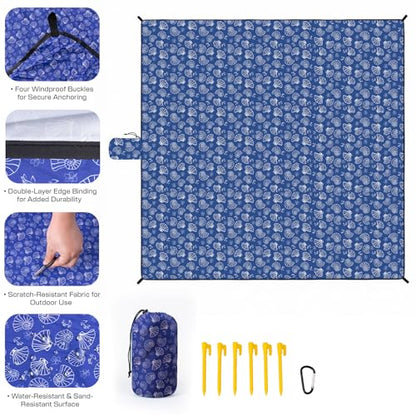 OIGAE Beach Blanket Waterproof Sandproof Oversized Beach Mat - color: Blue Sea Shells, size: 7x8 Ft (2～5 person)