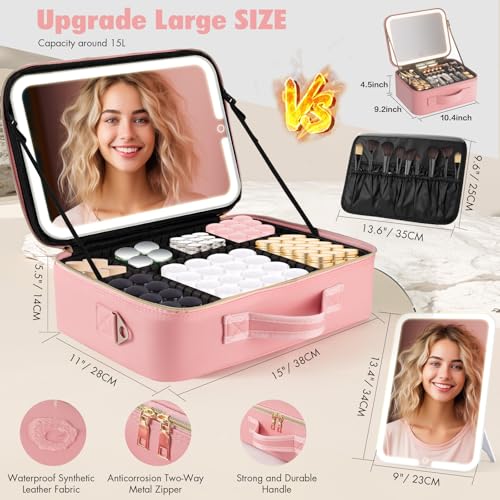 15''X11'' Large Makeup Bag with Removable Lighted Mirror, PU Leather - color: Pink-Removable Mirror